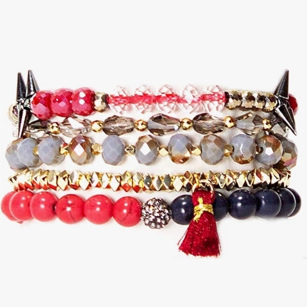 Erimish Bracelet Stack 5 Beaded Stretch Bands Red Grey Tassel Spikes Punk Grunge